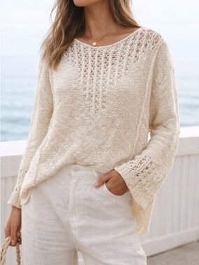 Arizona Jeans Cream Open Knit Cotton Sweater Coastal Boho Anthropologie Style S